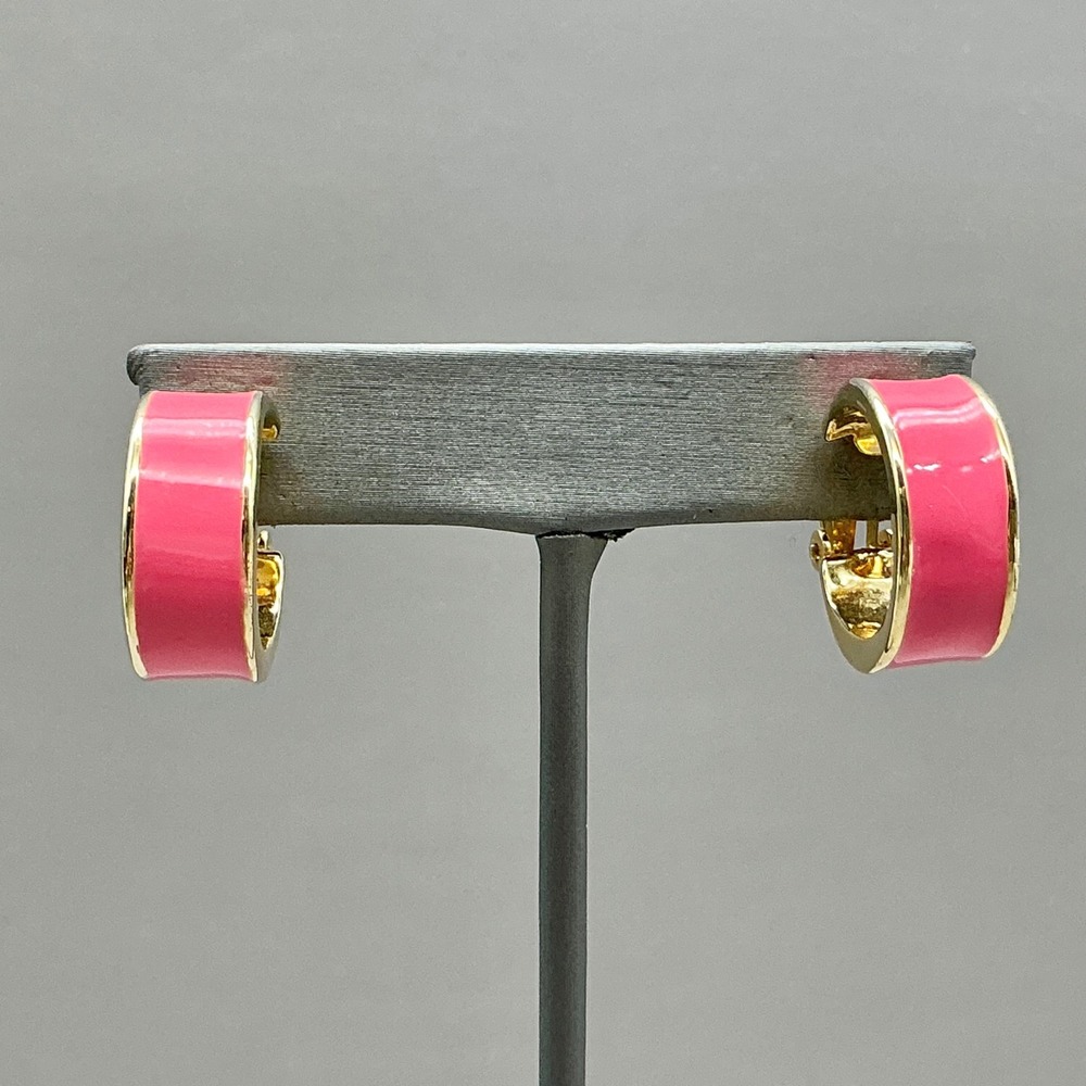 Enamel Hoop Earrings Women Pink Gold Tone Clip On Fashion Jewelry Accessories